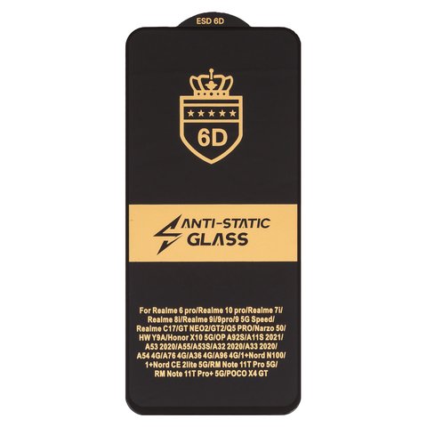 Захисне скло ESD 6D для Tecno Spark Go 2024  BG6 ; Realme 8i; Oppo A53s 4G, A54 4G, A96 4G; Xiaomi Poco X4 GT, Redmi Note 11T Pro, сумісне з чохлом, Full Glue, Anti Static, без упаковки , чорний