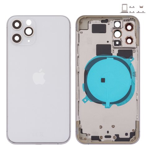 Housing compatible with iPhone 11 Pro, silver, with SIM card holders, with side buttons, matte silver 