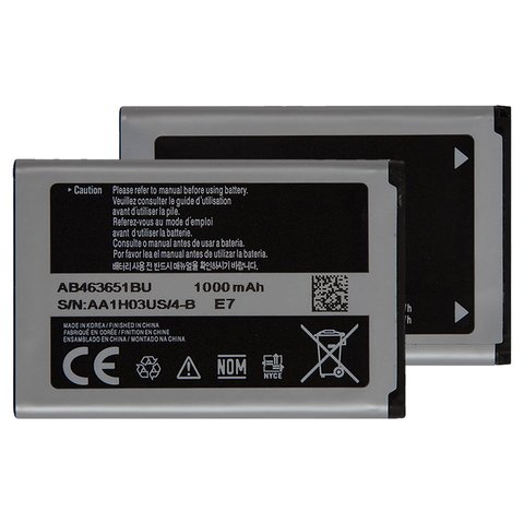 Batería AB463651BU puede usarse con Samsung S5560, Li ion, 3.7 V, 1000 mAh, Original PRC 
