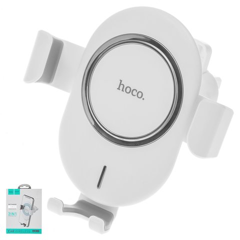 Sujetador para coche Hoco CW17, blanco, sobre deflector, con cargador inalámbrico, salidas 5V 7.5V 10V , Micro USB entrada 5V 2A 9V 1.8A 