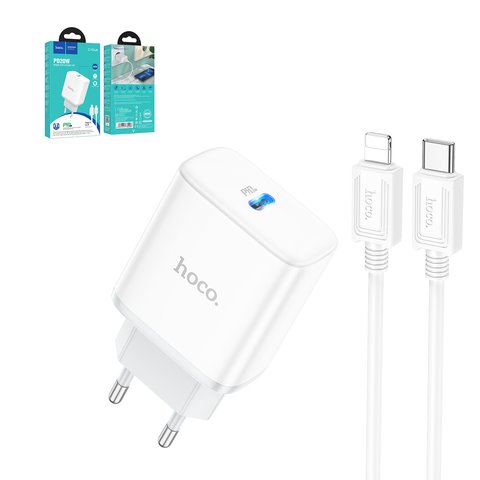 Adaptador de red Hoco C104A, 20 W, Power Delivery PD , blanco, con cable USB tipo C Lightning para Apple, 1 puerto, #6931474782908