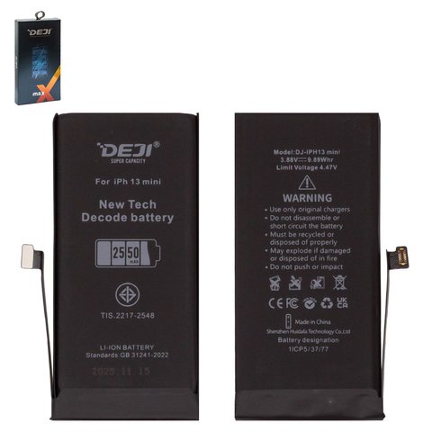 Batería Deji puede usarse con Apple iPhone 13 mini, Li ion, 3.88 V, 2550 mAh, mayor capacidad, sin mensaje de error, decode battery