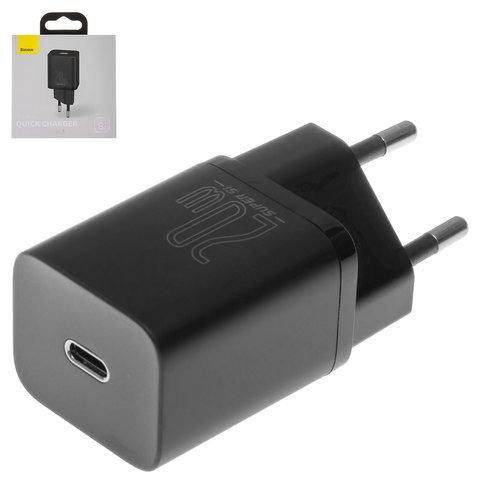 Мережевий зарядний пристрій Baseus Super Si Quick Charger, USB тип C PD вихід 5V 3A 9V 2A 12V 1,6A 15V 1,3A , 220 В, чорне, 20 Вт, #CCSUP B01